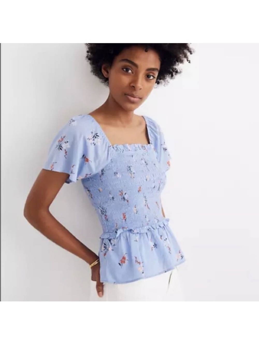 Madewell Blue Floral Smocked Flutter Sleeve Top Women’s Small